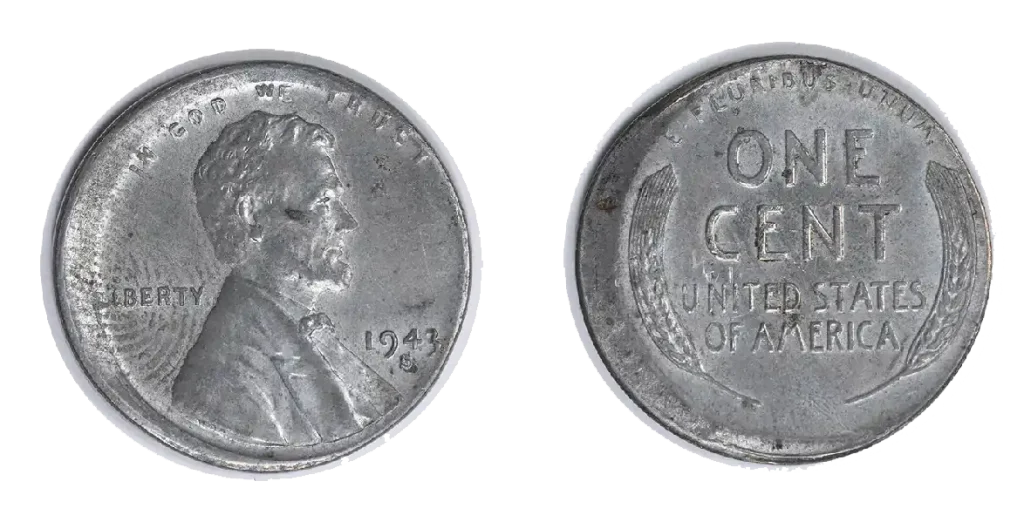 obverse and reverse of the 1943 Off-Center Strike Error